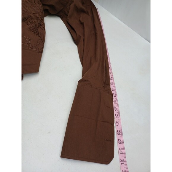 Manzini Brown Dress Shirt Mens XL Button Front French Cuff Embroidery Eagle - Picture 9 of 12